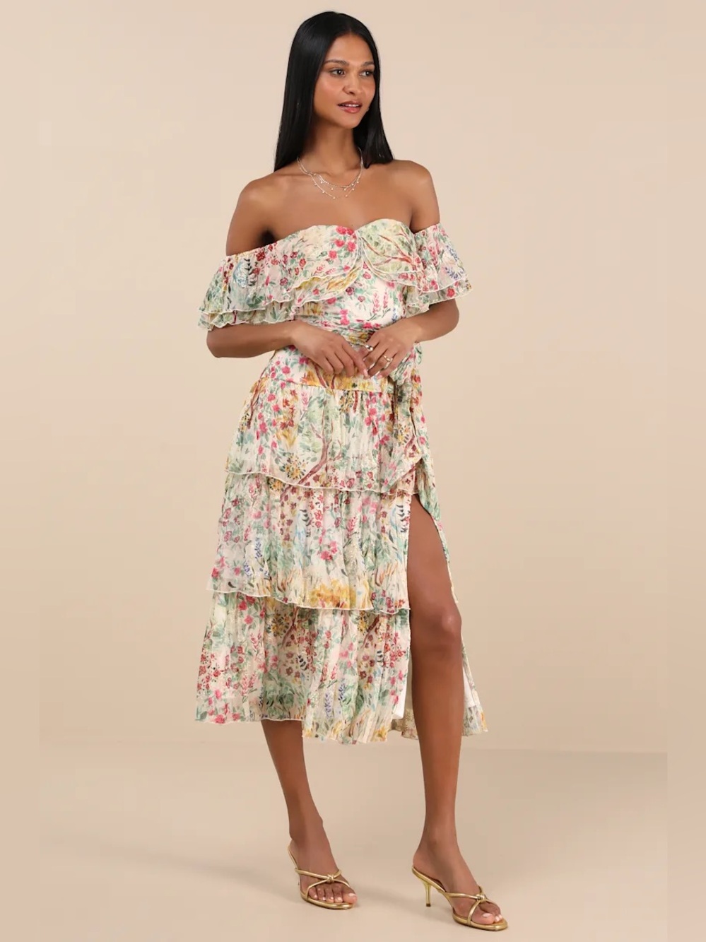 Lulus Large Lucella Cream Multi Floral Tiered Off-the-Shoulder Midi Dress NEW